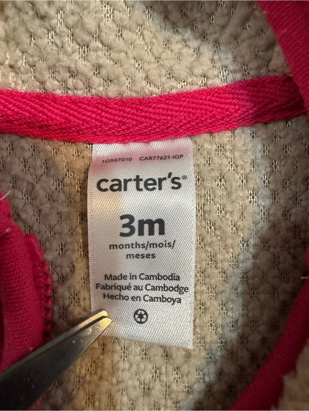 Carter's Cream & Brown Sherpa Hoodie with Pink Trim